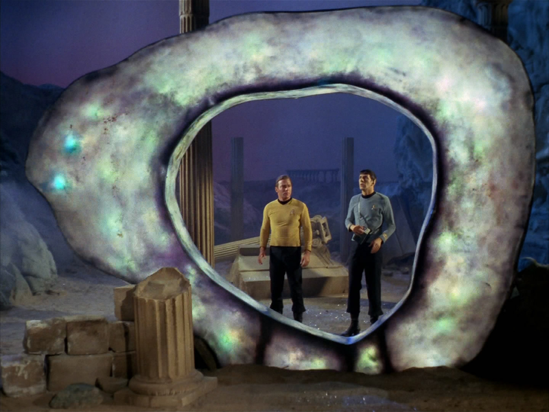 Kirk (William Shatner) and Spock (Leonard Nimoy) inspect the portal in “The City On The Edge Of Forever.”